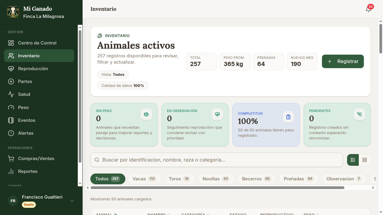 Inventario preparado para importación masiva en FincaPulso