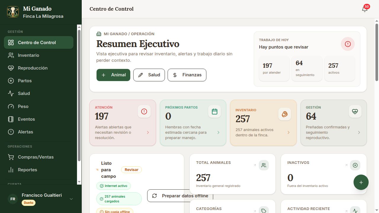 Centro de control del software ganadero FincaPulso