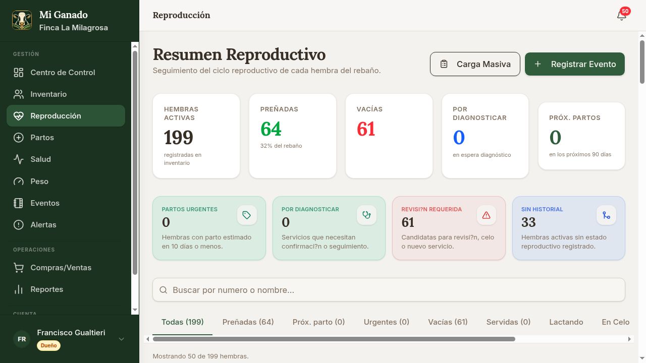 Módulo de control reproductivo bovino en FincaPulso
