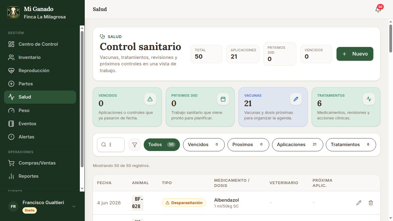 Historial sanitario digital de un animal en FincaPulso